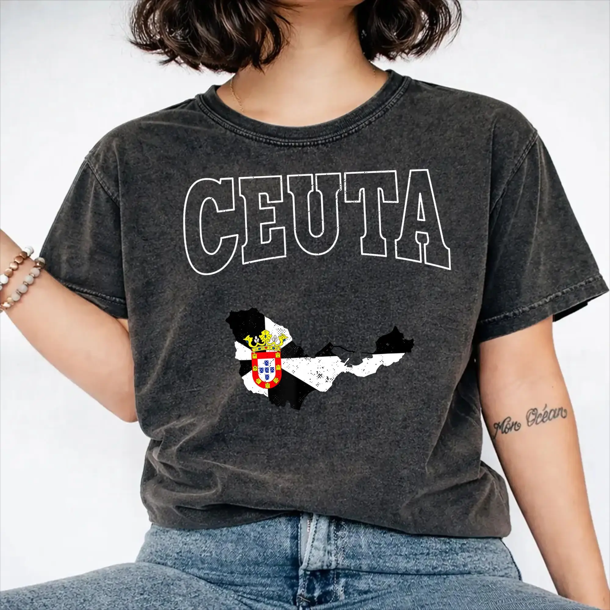 Vintage Ceuta Throwback Athletic Flag  Washed T Shirt Streetwear Hip Hop Vintage T-Shirts  Tee Shirt Men Women Short Sleeve