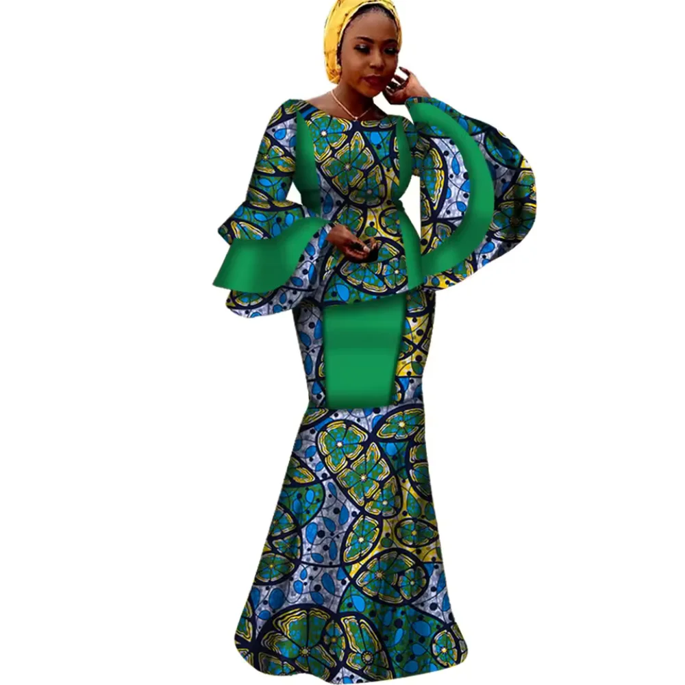 African Kanga Clothing Women's 2-Piece Set Cotton Breathable Casual Long Flare Sleeve Blouse and Skirt