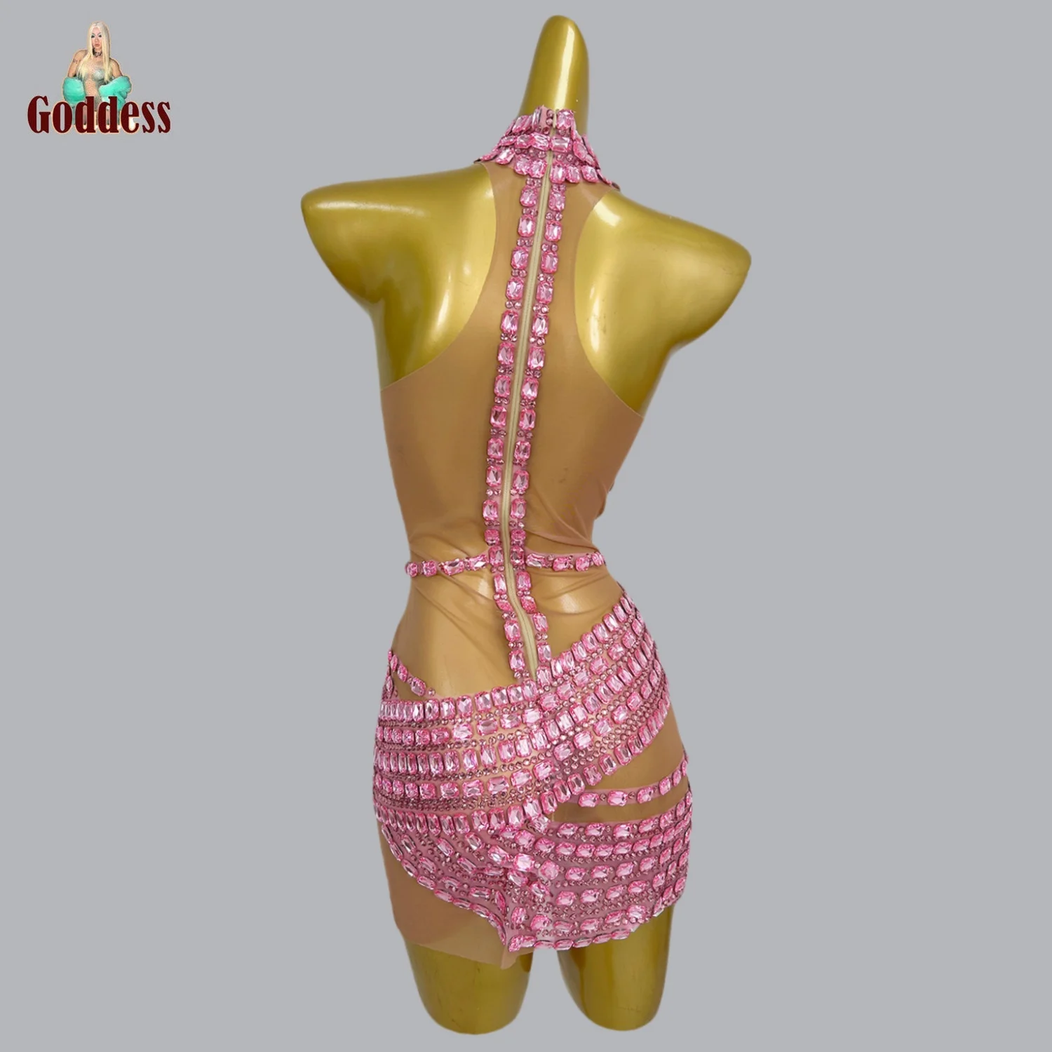 High-end Rhinestone Sheer Mesh Mini Dress Nightclub Hot Dance Wear Dance Troupe Stage Performance Dress Birthday Prom Showgirl