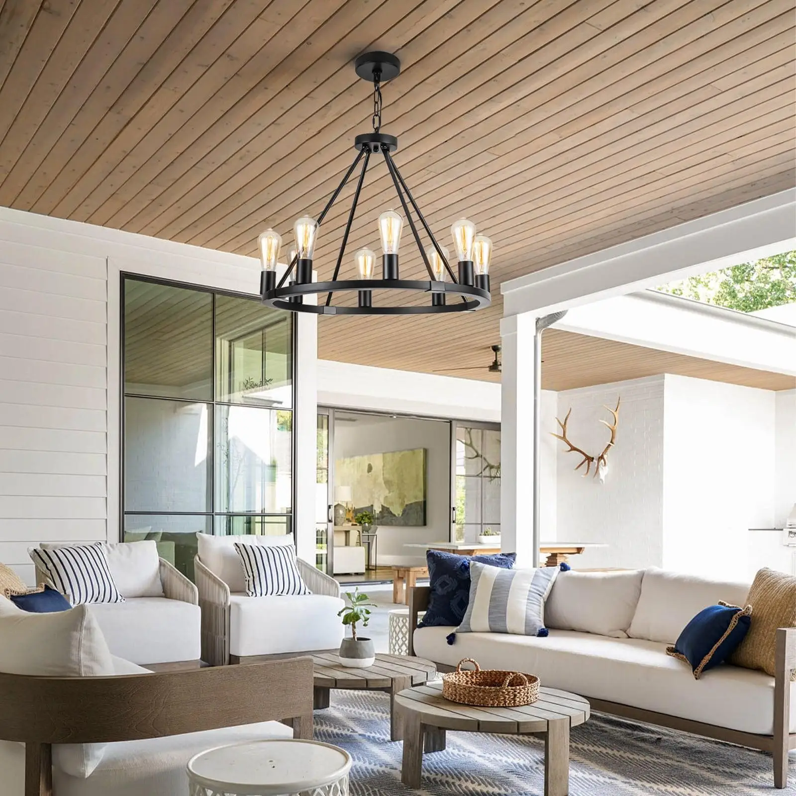 مزرعة الثريا 8-Light الأسود عربة عجلة قلادة ضوء خمر الصناعية عكس الضوء E26 قاعدة لغرفة المعيشة بهو المدخل