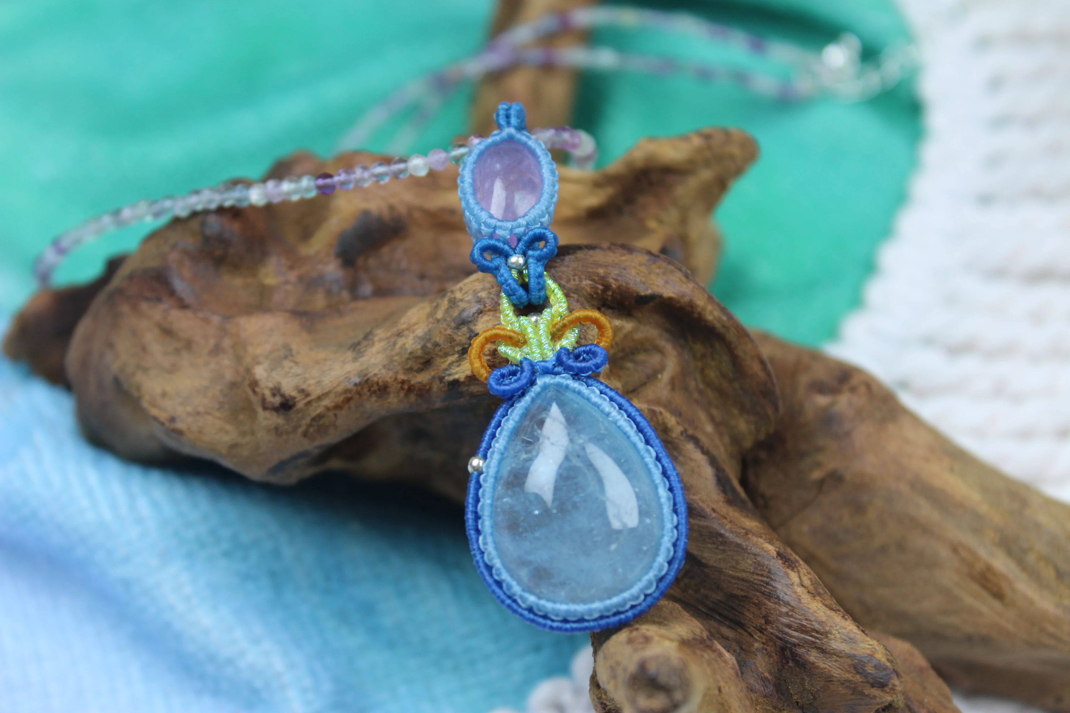 

Макраме восковой полиэстеровый шнур ручной работы тканый аквамарин флюорит кулон в форме капли воды ожерелье эксклюзивный индивидуальный дизайн подарок