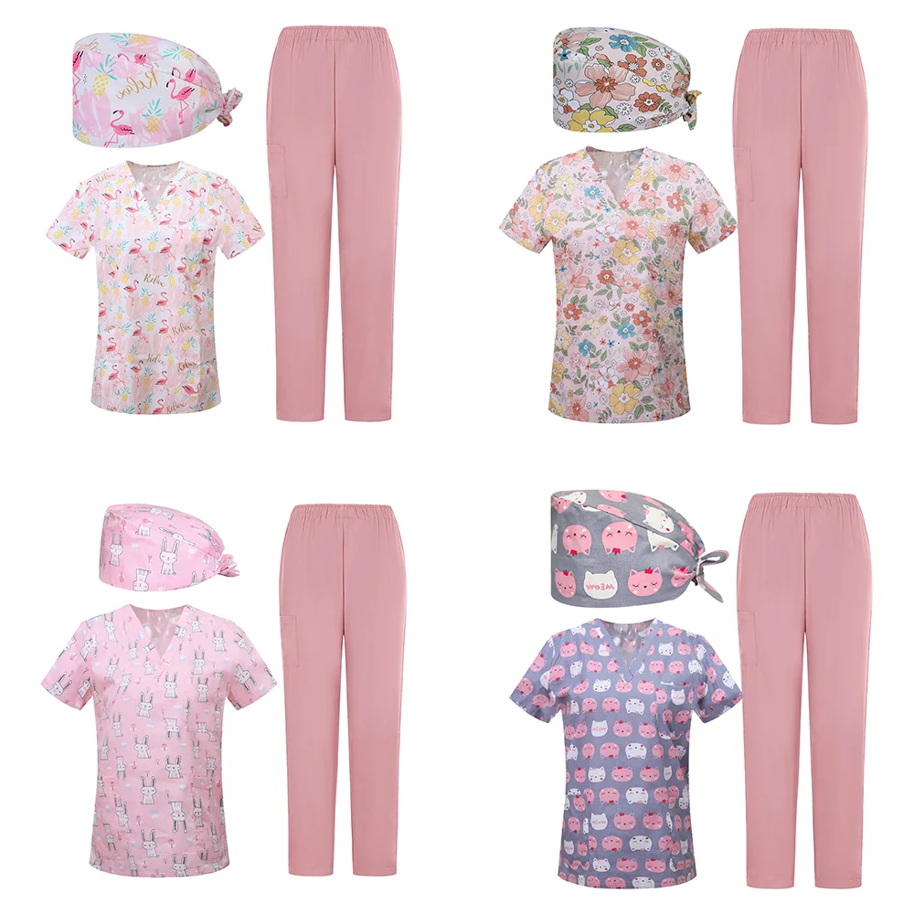 Pet Clinic Vet Work Uniforms Women Nurse Accessories Animal Printed Hospital Doctor Nursing T-Shirt Medical Scrubs Clothes Tops