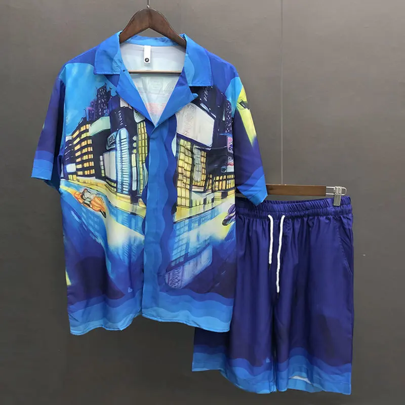 2023 Short Cardigan Suit Beach Loose Shirt Suit Night Cityscape Print Casual Men Chemise Homme Manche Court Pantaloni Tuta Uomo