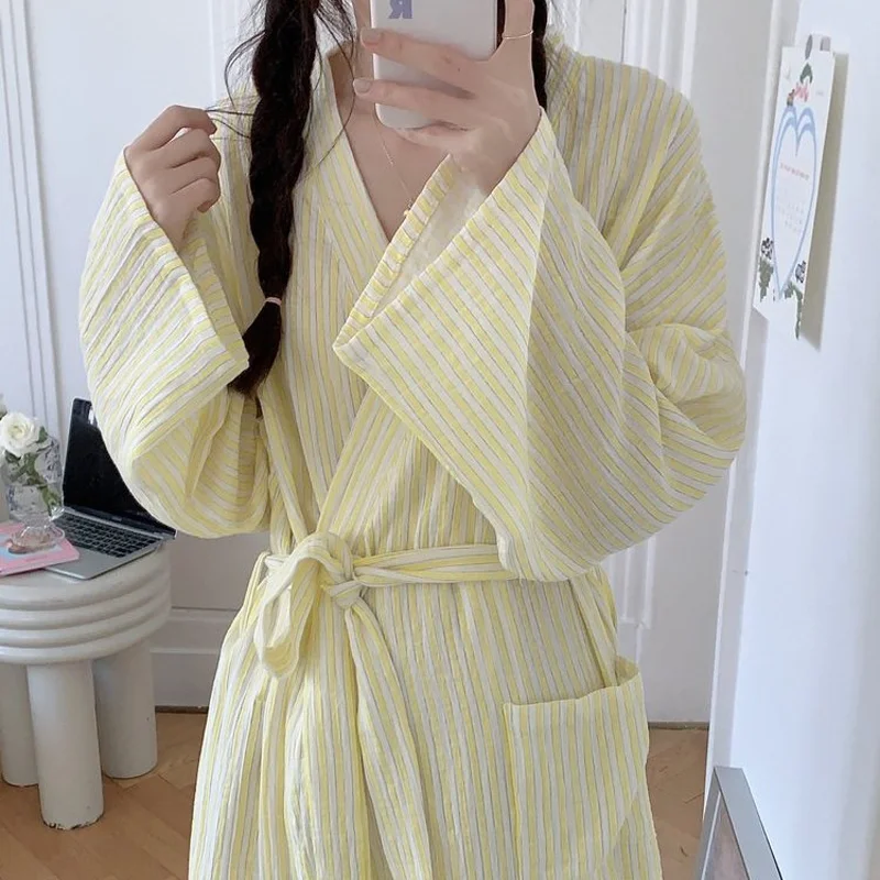 

Minimalist Ins Long Striped Printed Lightweight Robe Pajamas Spring and Autumn Home Wear Tie-Waist Kimono Women's Clothing
