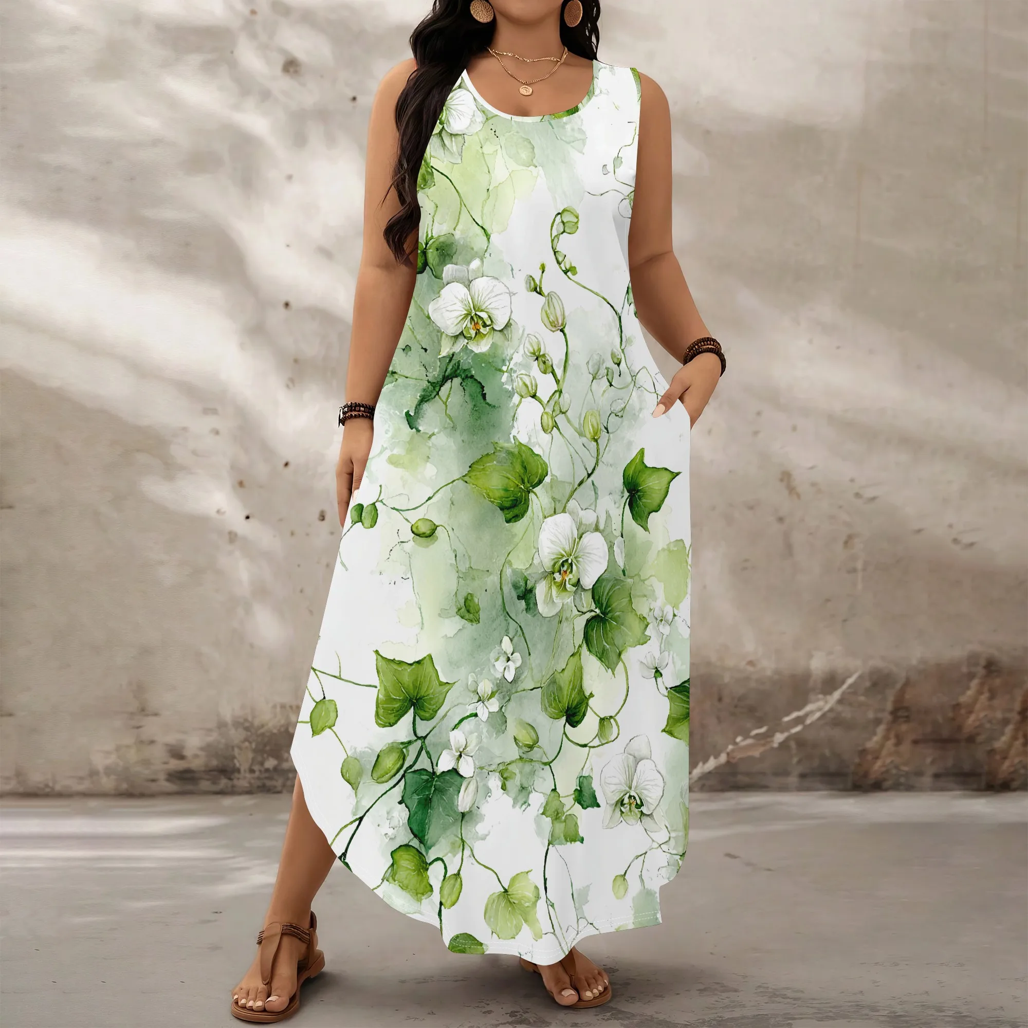

2025 Women's Plus Size Long Dress XL-6XL Sleeveless Watercolor Green Vine Print Loose Fit Maxi Dress for Vacation or Daily Wear