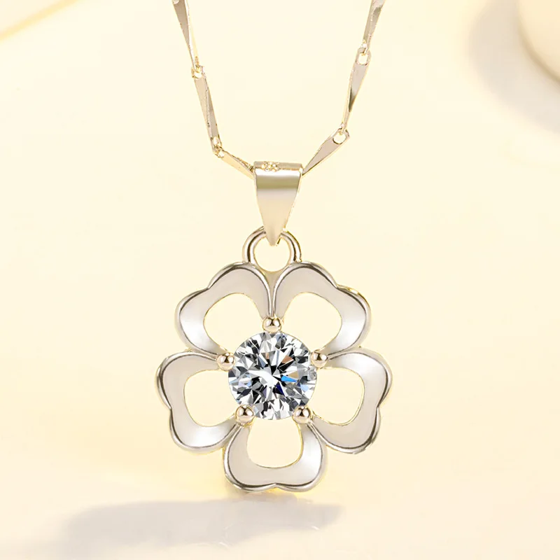 Shiny Crystal Plum Pendant Necklace For Girl Birthday Gift Cute Clover Floral Necklace 925 Silver Chain Collarbone Women Jewelry