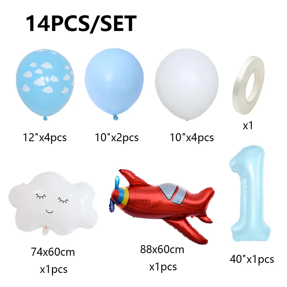 14pcs Airplane Cloud Foil Balloons Set 40inch Number Balloon Pilot Adventure Theme Boys Birthday Party Decoration Baby Shower