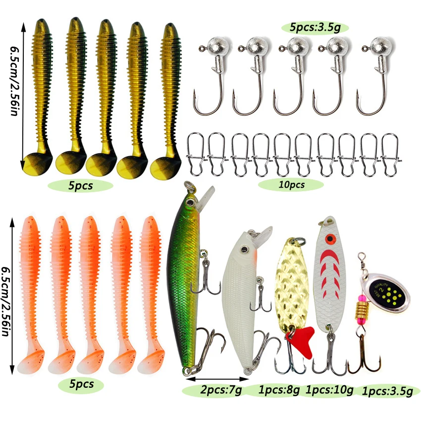Kit señuelos pesca lubina y lucio: vinilos, jigs y cucharas