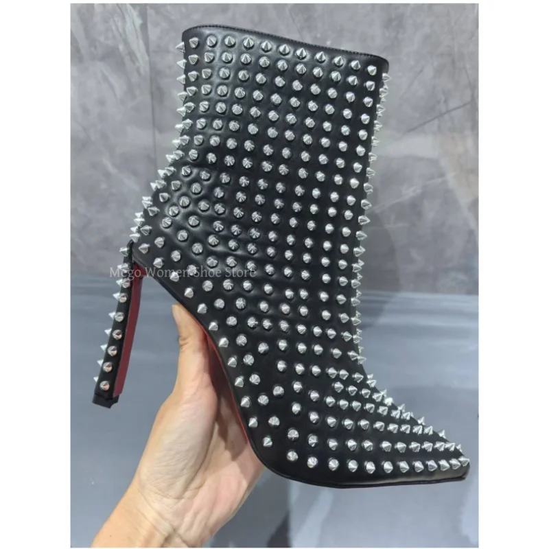 

Silver Rivets Black Leather Short Boots Women Pointed Toe Stiletto High Heel Ankle Boots Female Brand Design Shoes Size 43