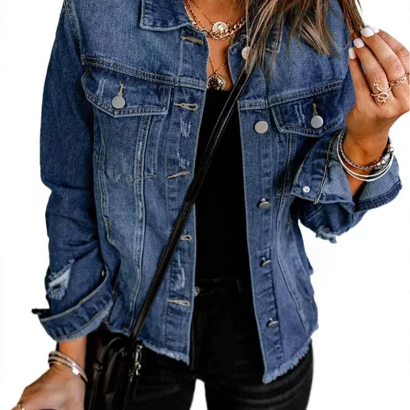 Dameskraag Denim Jaet Long Sve Niet-elastische versleten look Turn-down kraag Jeans Jaet Straight Cut Europese Sle