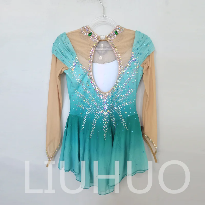 LIUHUO Ice Figure Skating Dress Girls Women Teens Stretchy Spandex Green Gradient Competition Wholesale