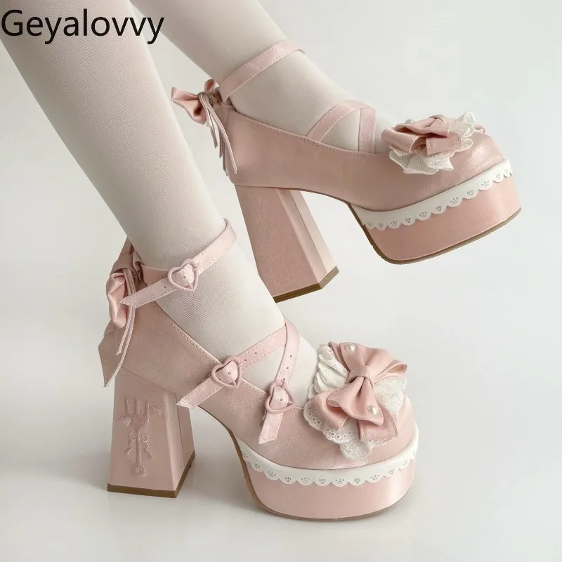 

Spring and Summer New Original Sweet Bow Lace High Heels Japanese Versatile Students Cute Lolita Elegant Pumps Shoes for Women