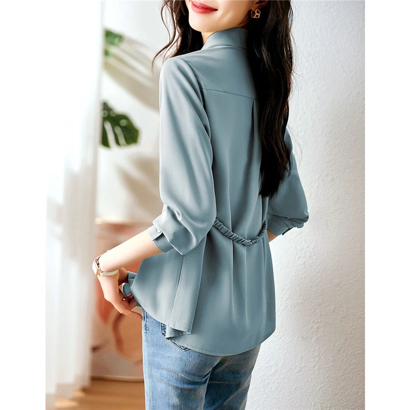 Women Ruffled Elegant Chic Button Shirts Korean Fashion Simple Business Casual Office Lady Blouse Solid Long Sleeve Tops Blusas