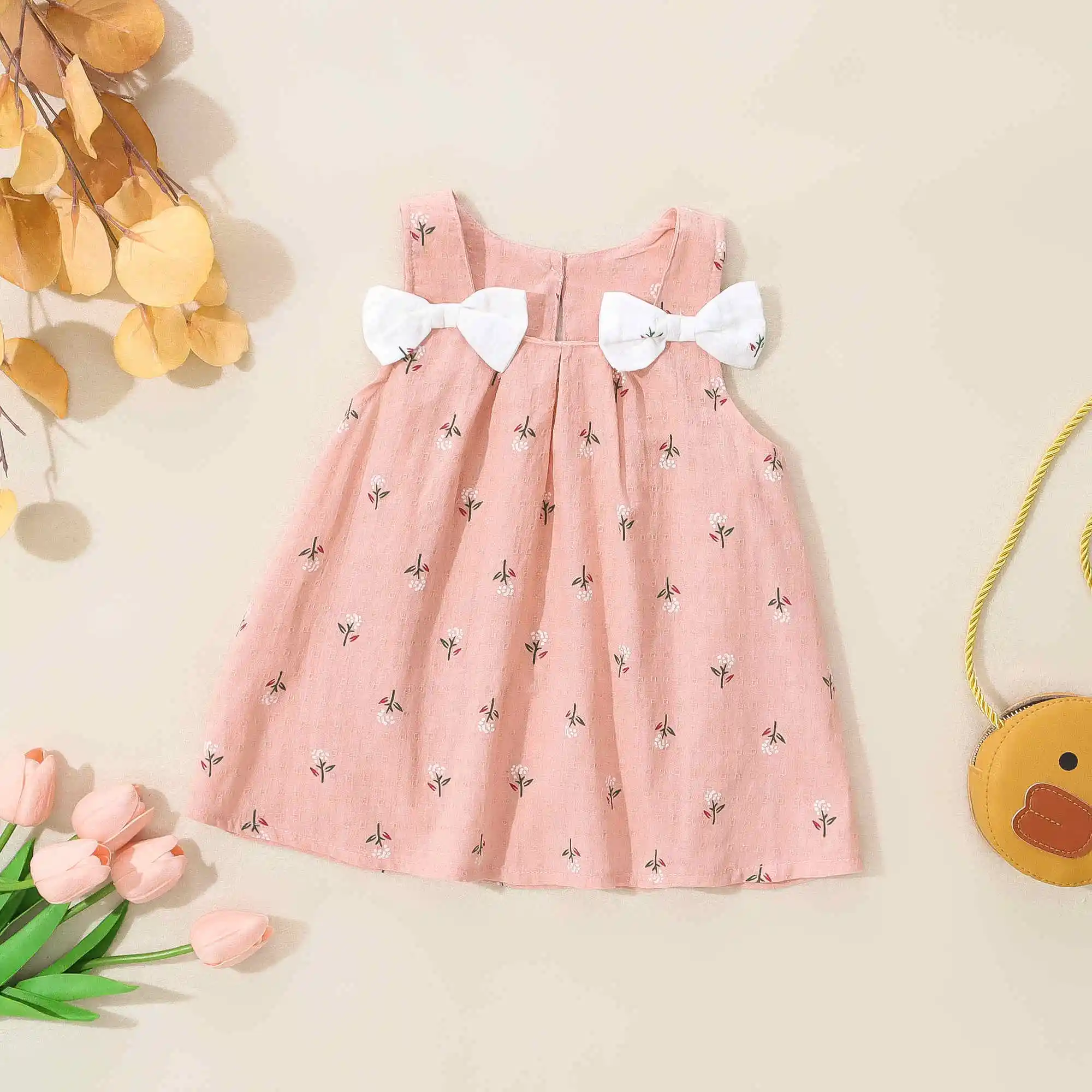 Summer Simple Solid Color Flower Baby Girl Dress Sleeveless Bowknot Children's Clothes Thin Breathable 0 To 3 Years Old Toddler