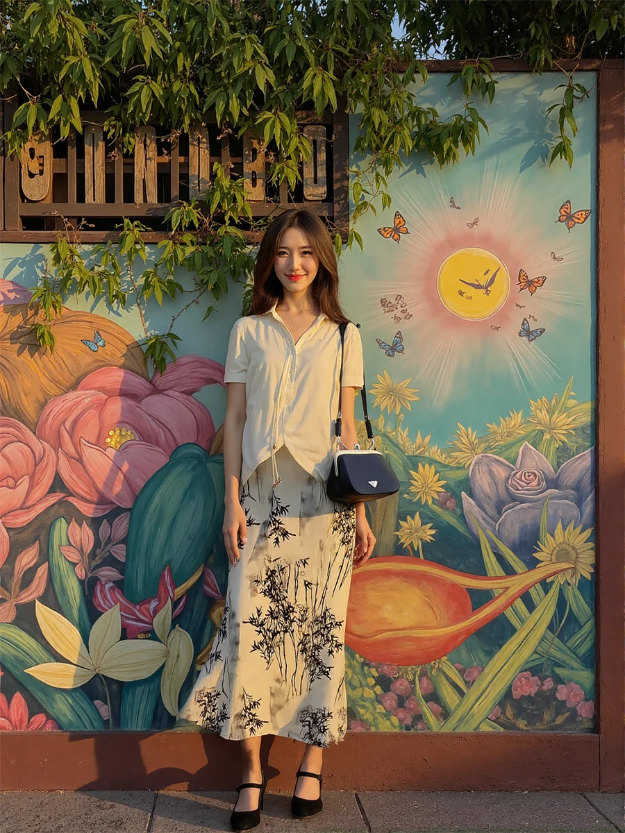 

Юбки миди в китайском стиле, женские шифоновые многослойные плиссированные рюши подол, эластичная талия, весенний художественный минималистичный женский колледж