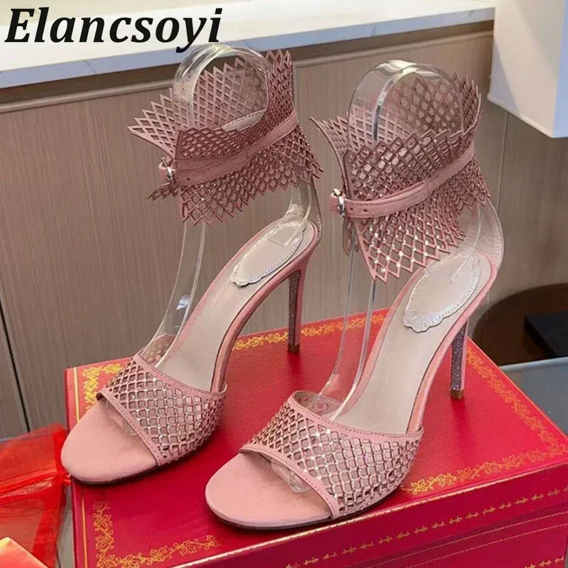 Sandals Summer Shiny Crystal High Heels Women Real Leather Hallow Outs Thin Heels Ankle Strap Sandalias Sexy Party Dress Shoes