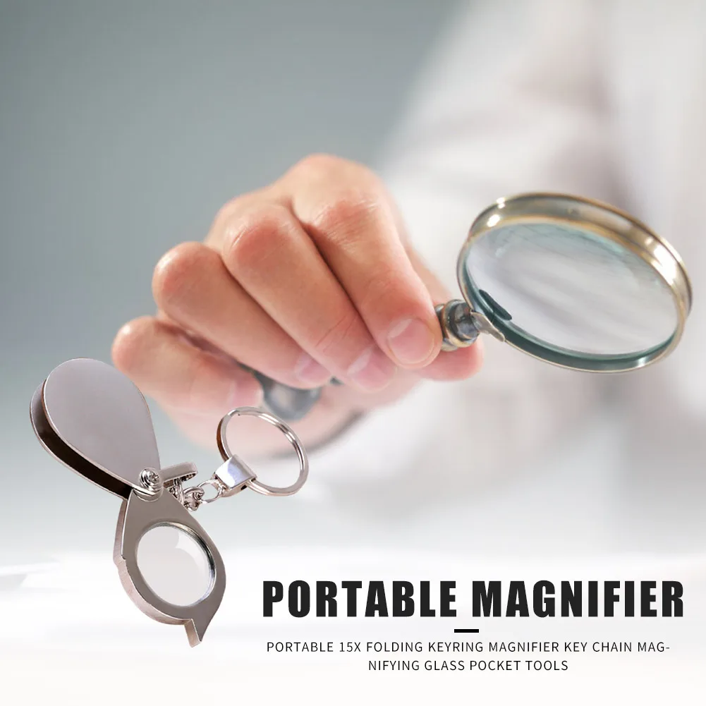 Portable Mini 15X Magnifier Metallic Silver Foldable Exquisite  Keychain Glass Loupe Pocket Tool Gift Supplies