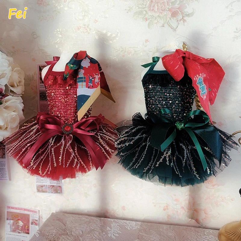 

Christmas Princess Dog Dress for the Small Medium Puppy with Sequin Crystal Bow, Black, Green, Red Holiday Party Apparel Costume