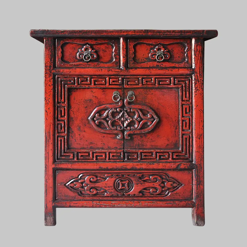 Hand Lacquered Glossy Oriental Distressed Finish Sideboard Cabinet