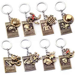 Anime One Piece Wanted Poster Keychains Luffy Ace Sanji Nami Robin Zoro Chopper Trafalgar Law Metal Car Keyrings Pendants Figure