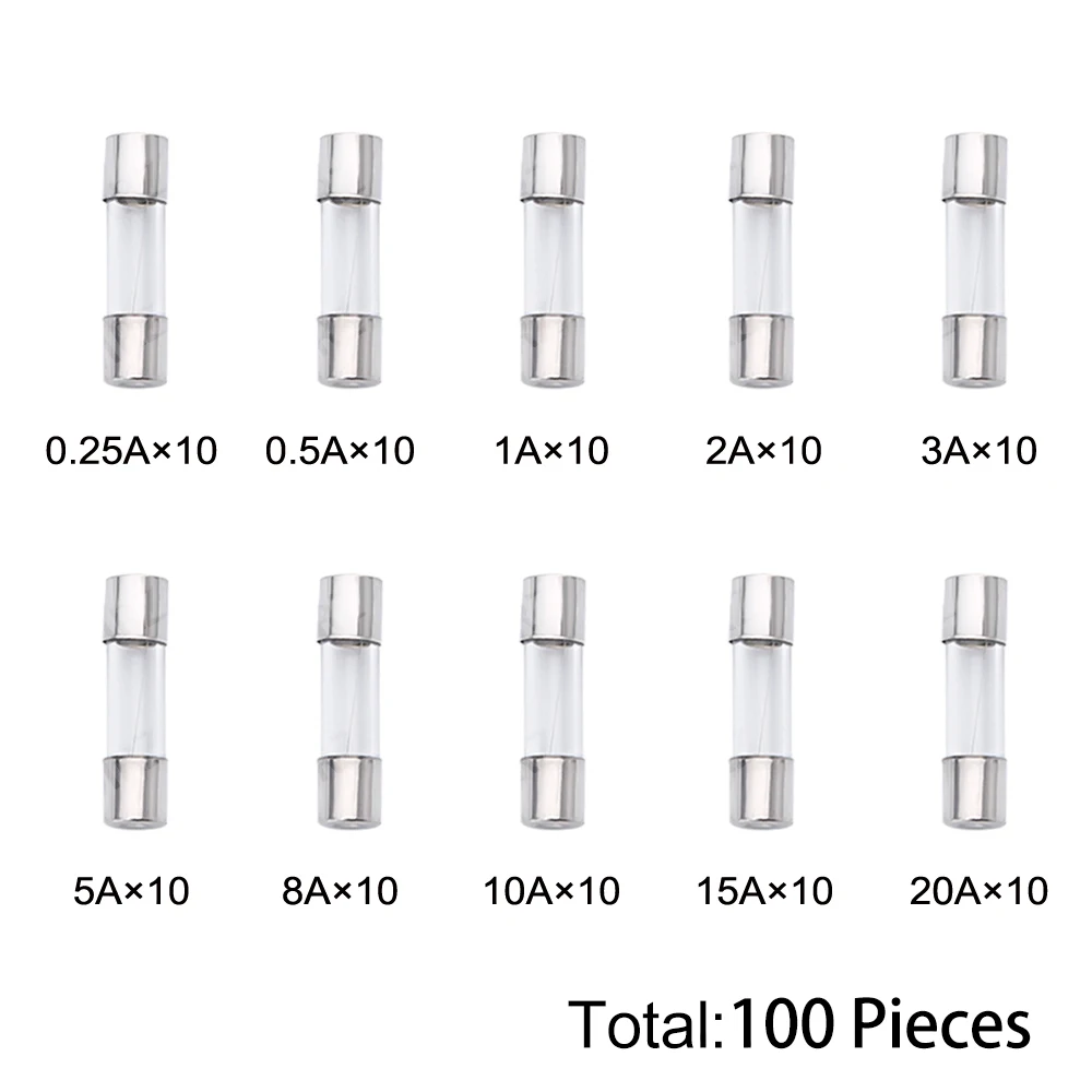 100PCS 5A 8A 10A 15A 20A 5x20mm Quick Blow Glass Tube Fuse Assorted Kit Amp 0.25A 0.5A 1A 2A 3A  250V with Storage Box