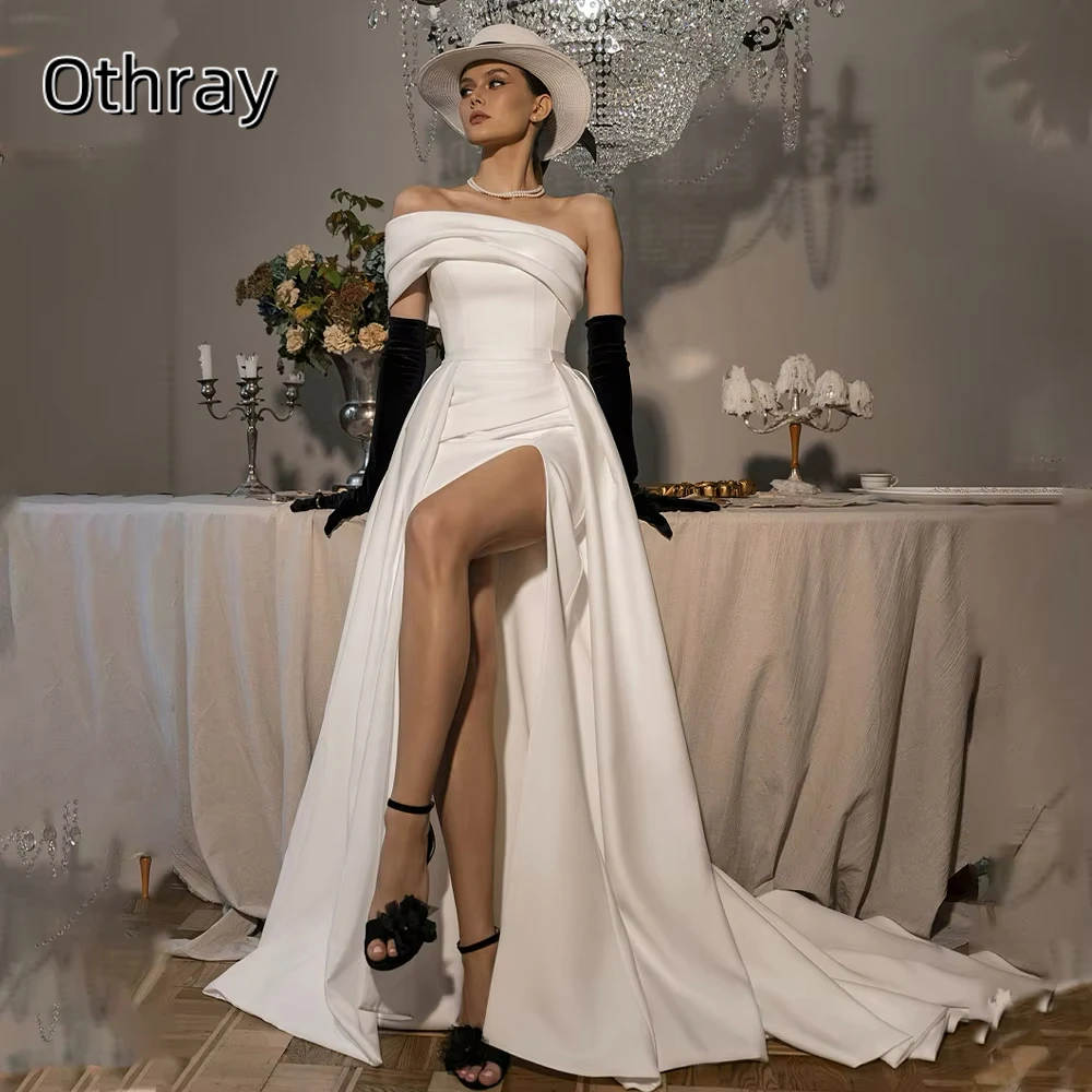 Othray Elegant One Shoulder Satin Mermaid Split Wedding Dresses with Detachable Train Bridal Grown Vestido De Noival