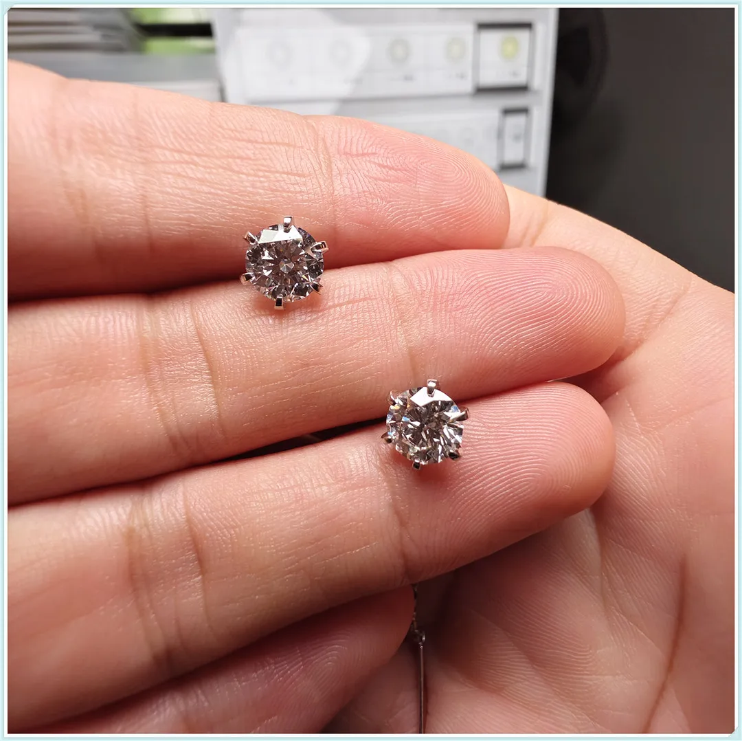 18K Gold Solid Gold Lab-Grown Diamond Round 6-Prong Earrings Platinum White Gold 1CT High-End Custom Jewelry Wholesale
