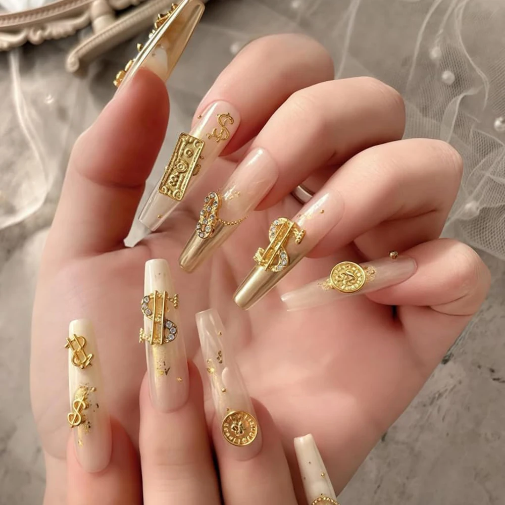 40 sztuk/opakowanie Ozdoby do paznokci w kształcie znaku dolara Srebrne Złote Pieniądze Metalowe Cyrkonie 3D Błyszczące Luksusowe Damskie Dziewczęce DIY Akrylowe Paznokcie