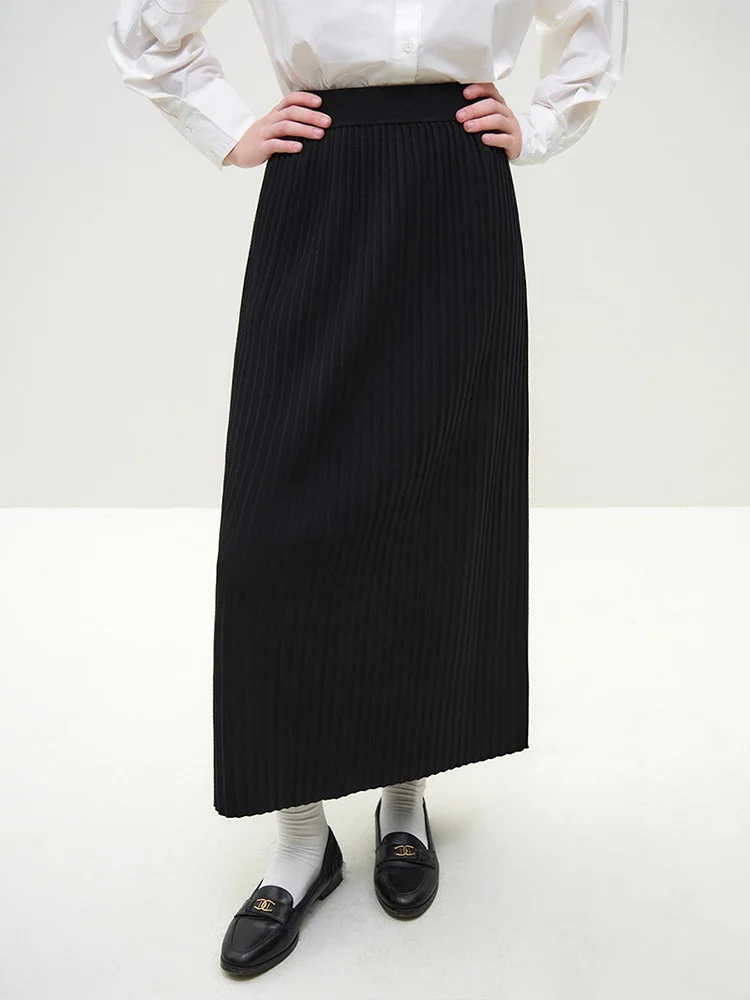 FSLE High Waist Elastic Wait Women Winter Knitted Long Skirts Light Khaki Temperament Thick Female Black Mid-Calf Pleated Skirt