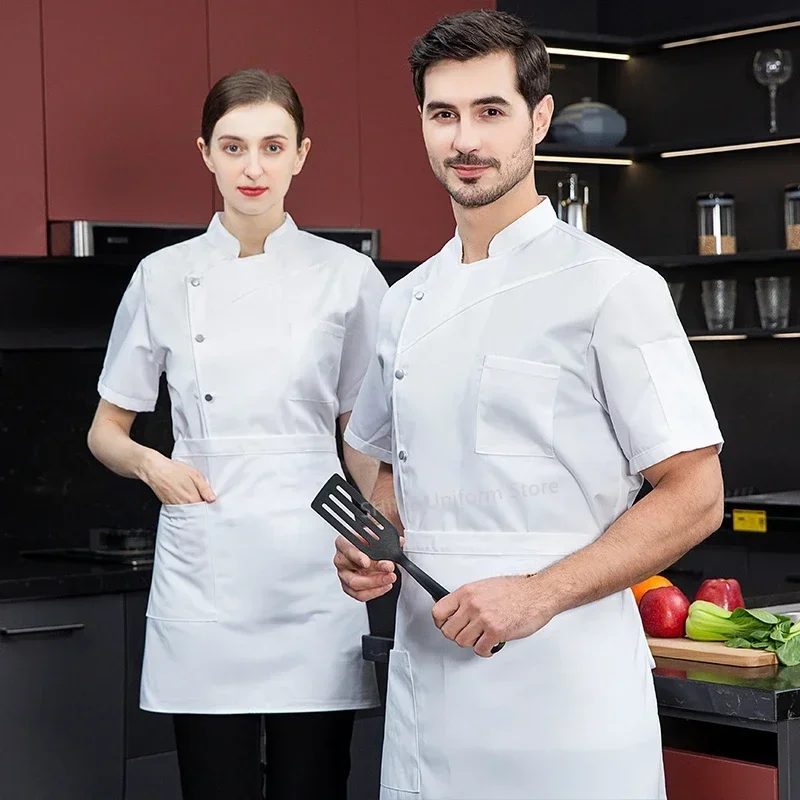 Abrigo de Chef negro para hombre, chaqueta de Chef de manga corta, delantal, uniforme de Chef de verano, restaurante, Hotel, cocina, ropa de catering para sushi