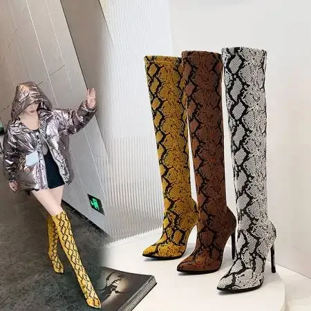 Women Sexy Leopard Print Elasticity Boots Female Over The Knee Thigh High Fur Boot Pointed Toe High Heels Lady Winter Cloth Shoe