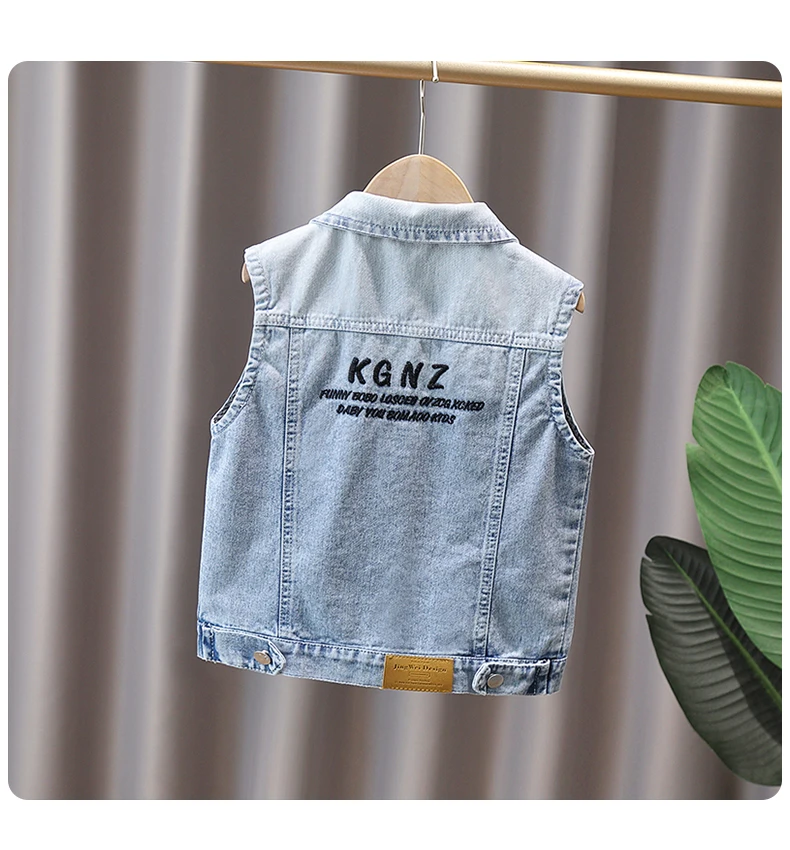 Baby Jungen Lässige Jeansweste mit Kapuze Neue Kinder Designer Modekleidung Outfit Kinder Ärmellose Jacke Hoodie Weste 2-9 Jahre – Detail 3