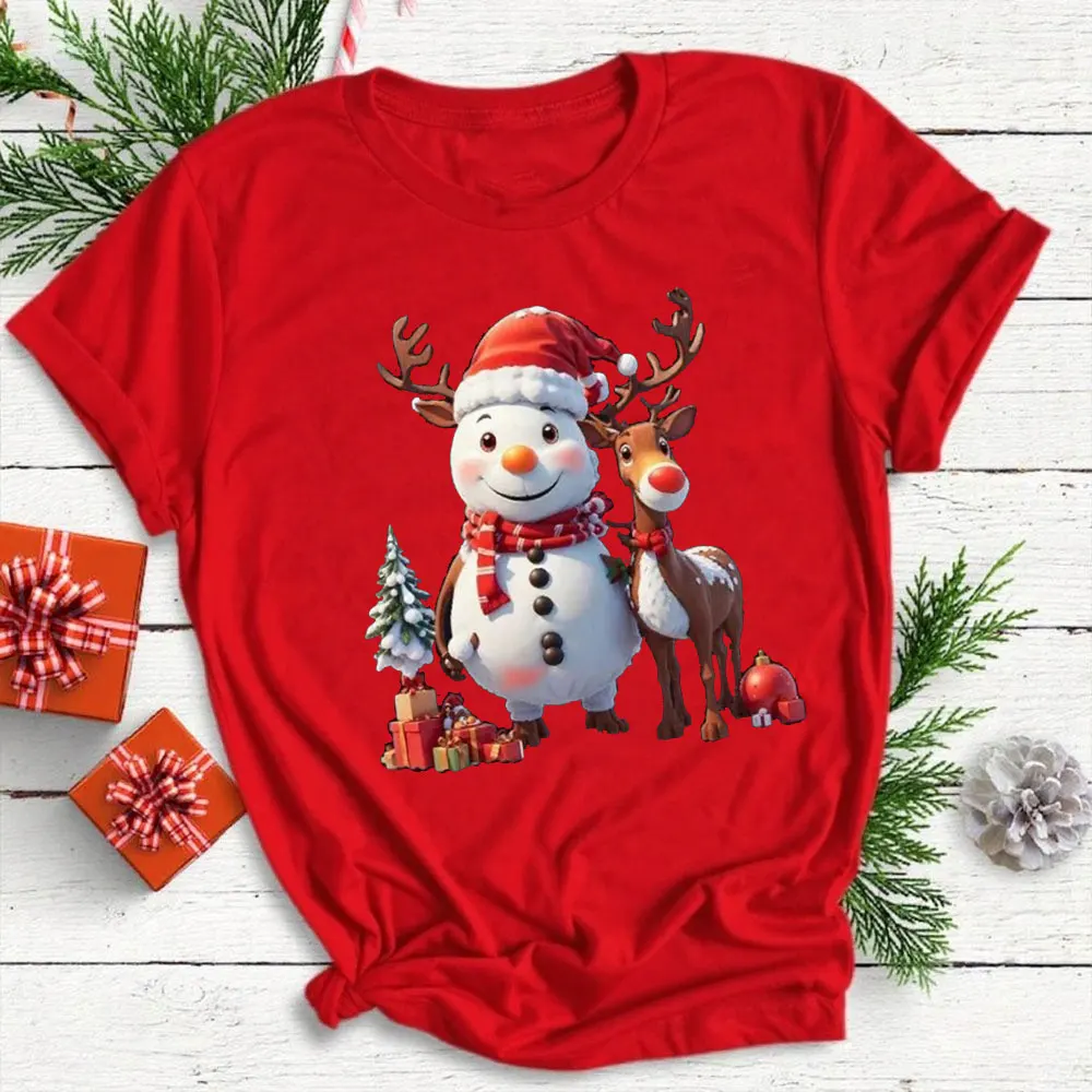 

Christmas Women Casual T Shirt Cartoon Snowman Reindeer Christmas Tree Print Female Short Sleeve T-Shirt Suitable for All Season