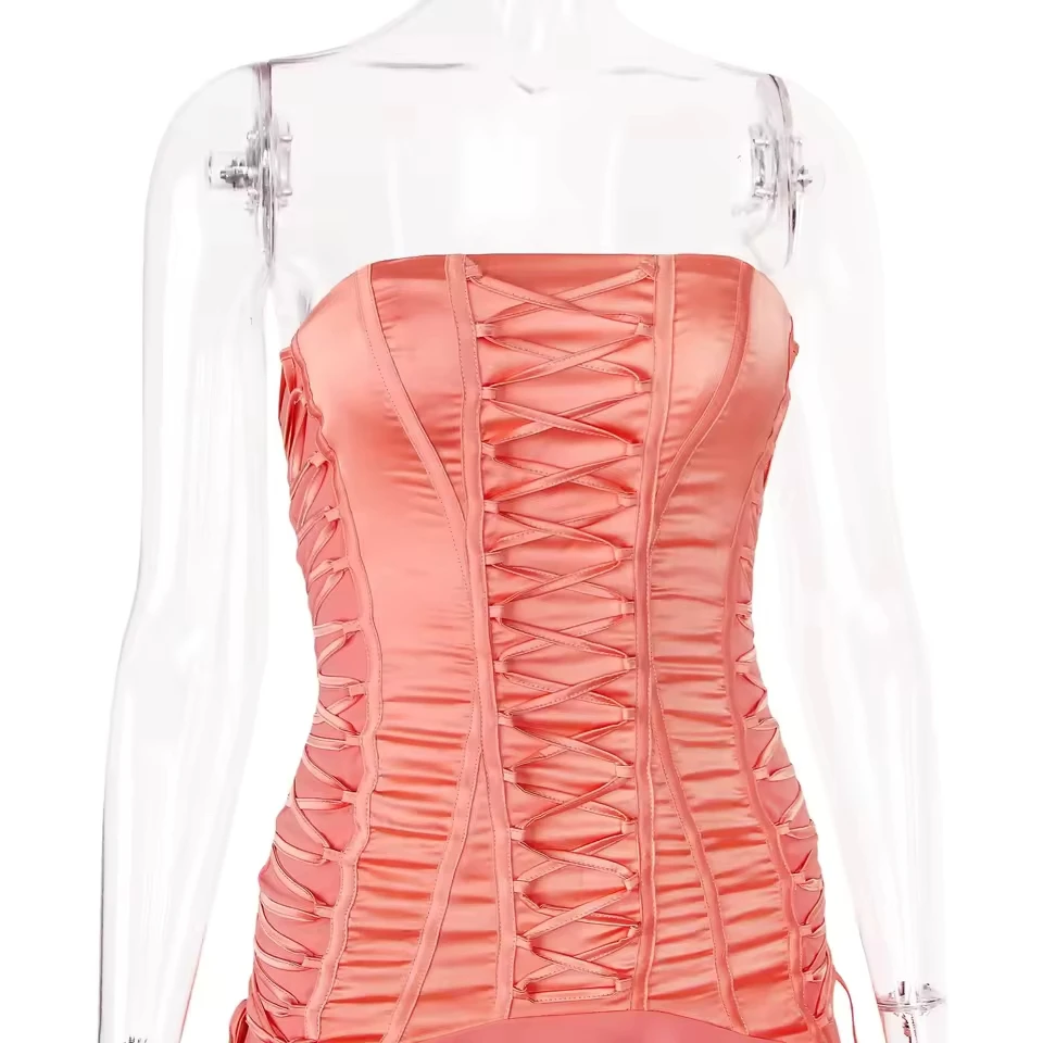 

Sexy Women Lace Up Bandage Strapless Dresses Summer Female Irregular Hem Party Mini Dress Holiday Robe