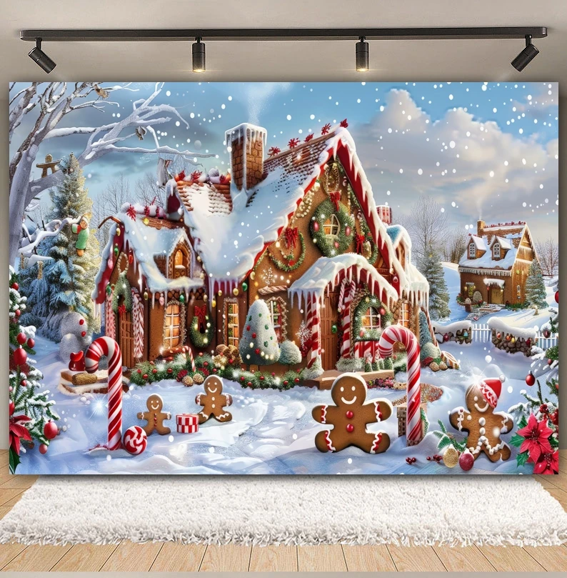 Christmas Photography Backdrop Winter Xmas Brown Gingerbread House Snowy Candy Xmas Family Party Baby Portrait Background Decor