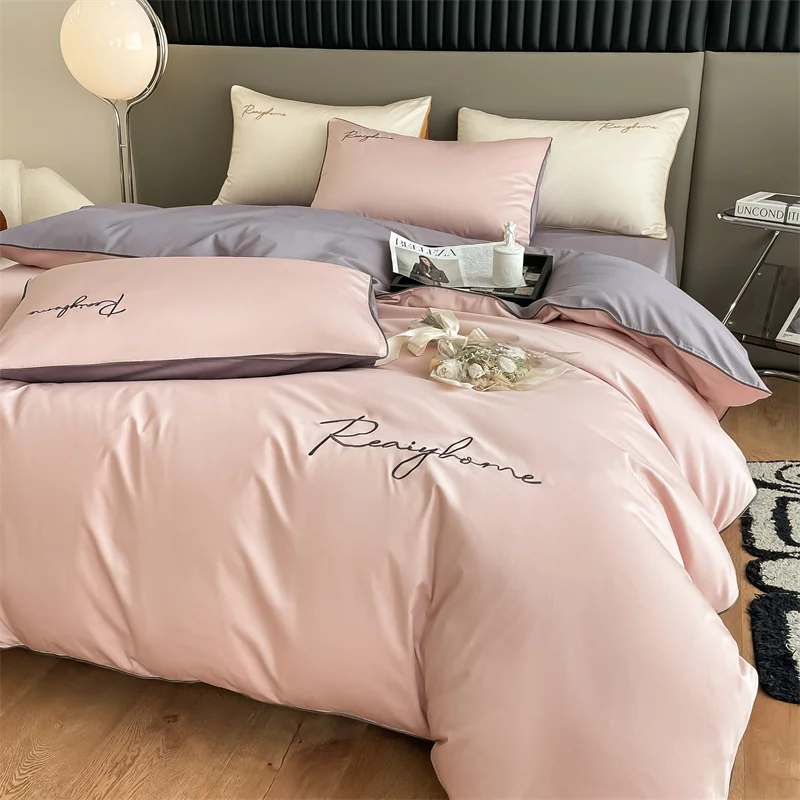 Luxury 60s Long Staple Cotton Double Embroidered Quilt Cover Solid Color Quilt Cover Skin Friendly Breathable Single Double Bed