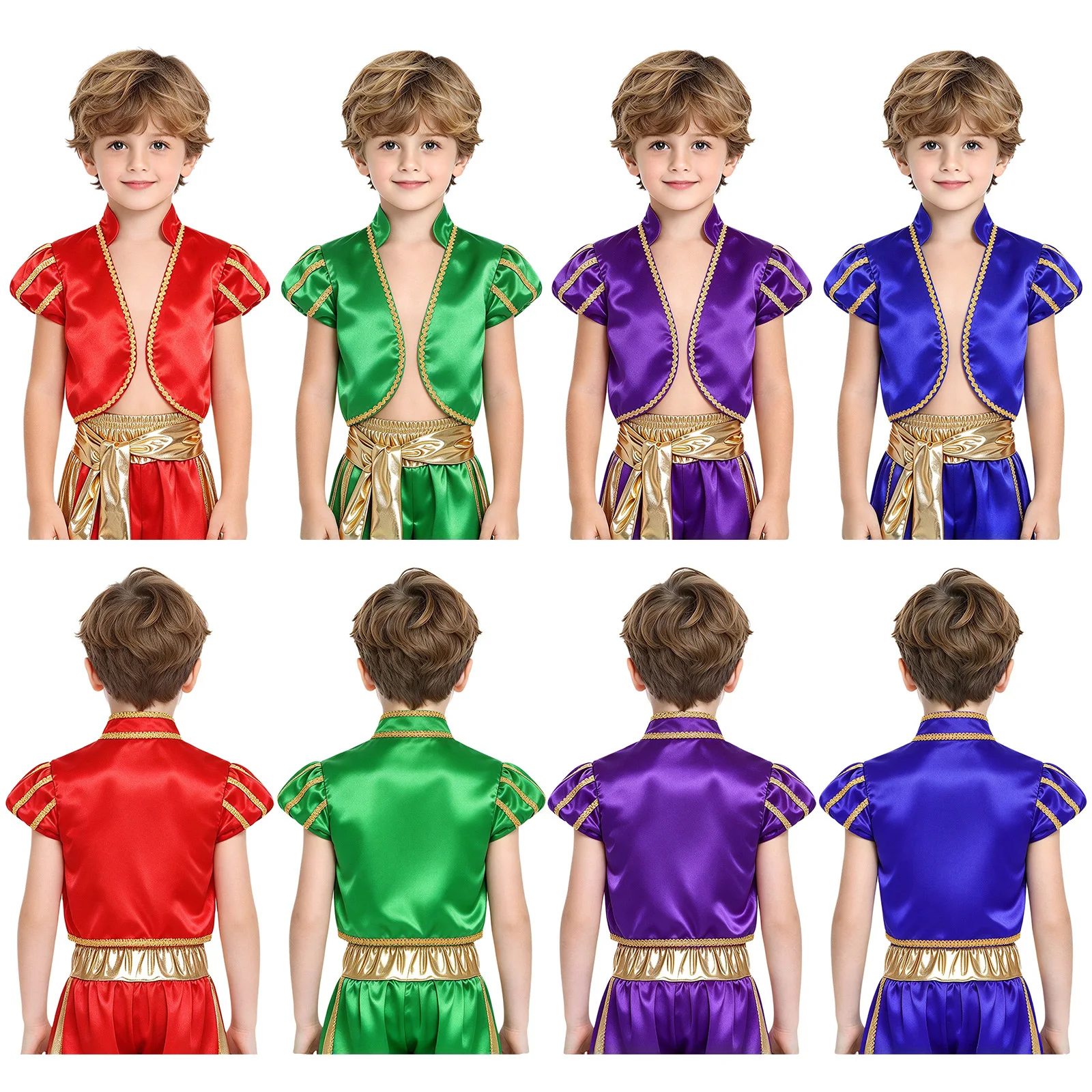 Kids Boys Arab Prince Vest Stand Collar Cap Sleeves Gold Braid Trim Asymmetrical Hem Waistcoat for Carnival Theme Party Show