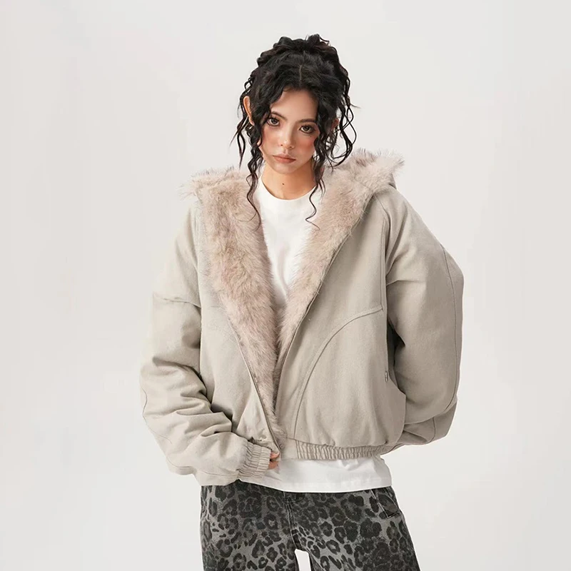 Winter Warme Kunstpelz Jacke Frauen Y2K Mode Streetwear Lose Beiläufige Plüsch Mäntel Bf Amerikanischen Alle Spiel Mit Kapuze Outwear Neue