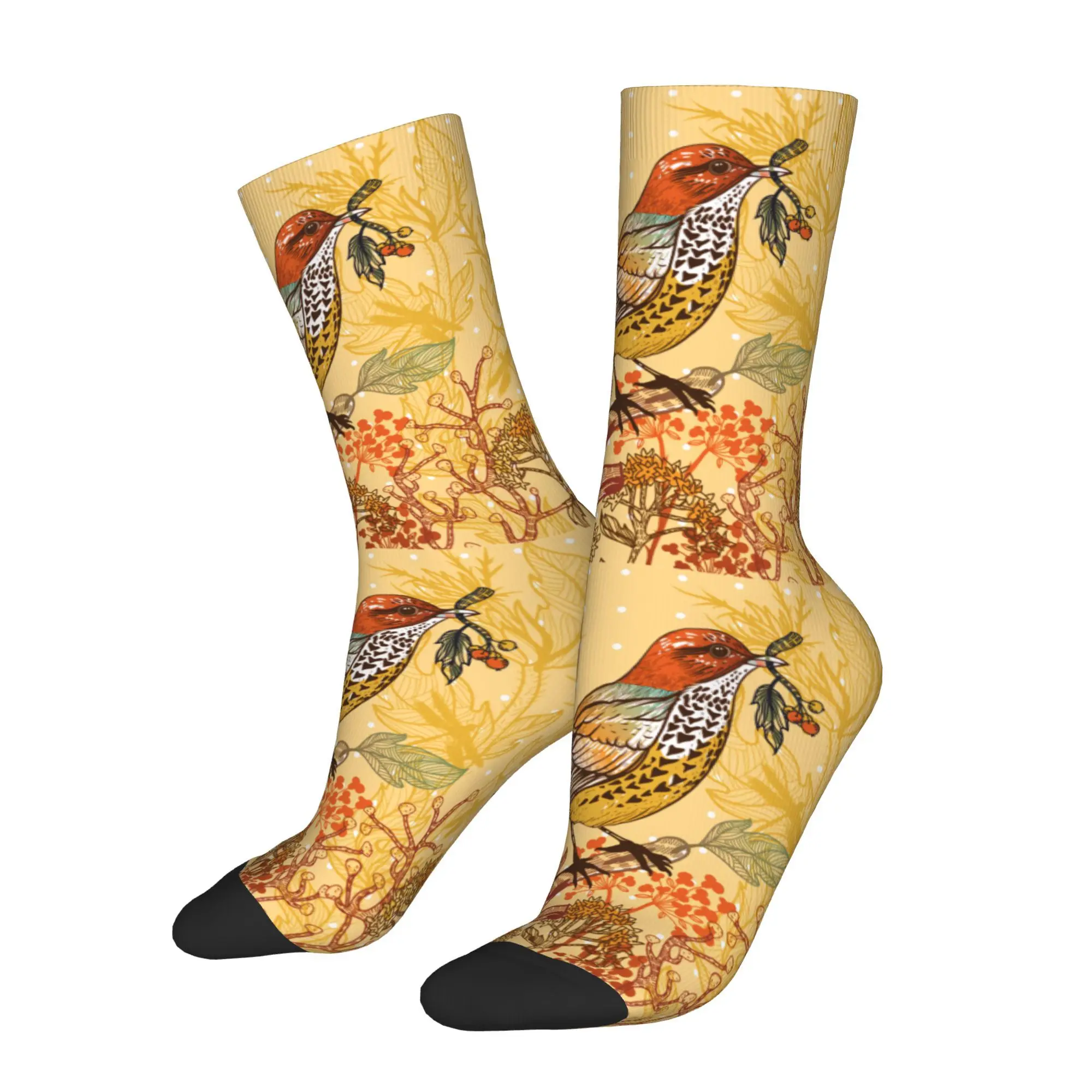 1pc Forest Bird with Autumn Plants and Mushrooms Printed Men's Socks  Novelty Hip Hop Harajuku Pattern Crew Sock Casual Gift