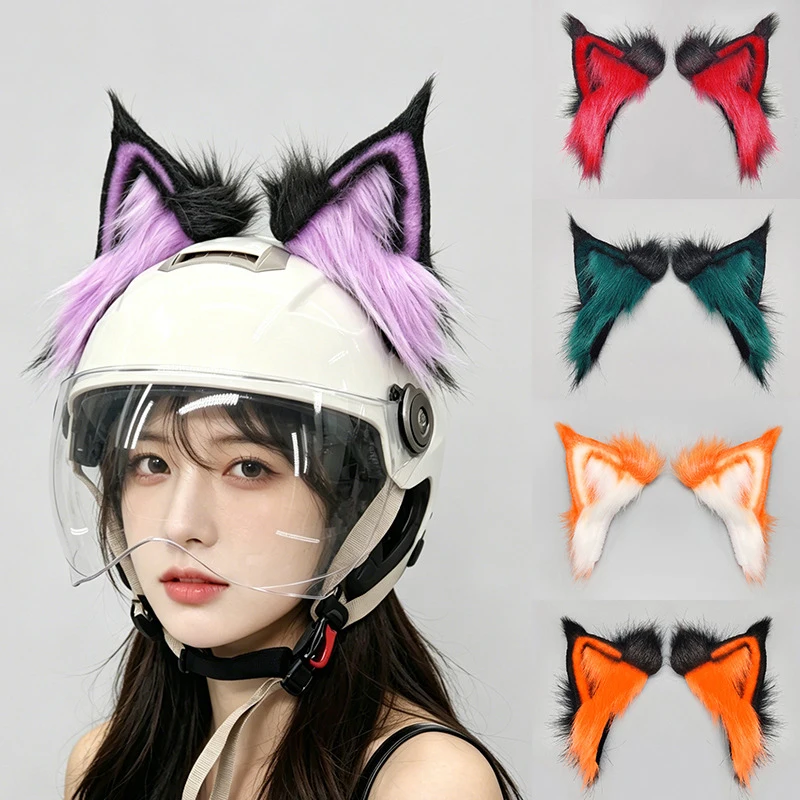 Motorcycle Helmet Decor Cute Plush Rabbit Ears Headband Personality Ski Motocross Off Road Helmet Wolf Ear Cosplay Accessories
