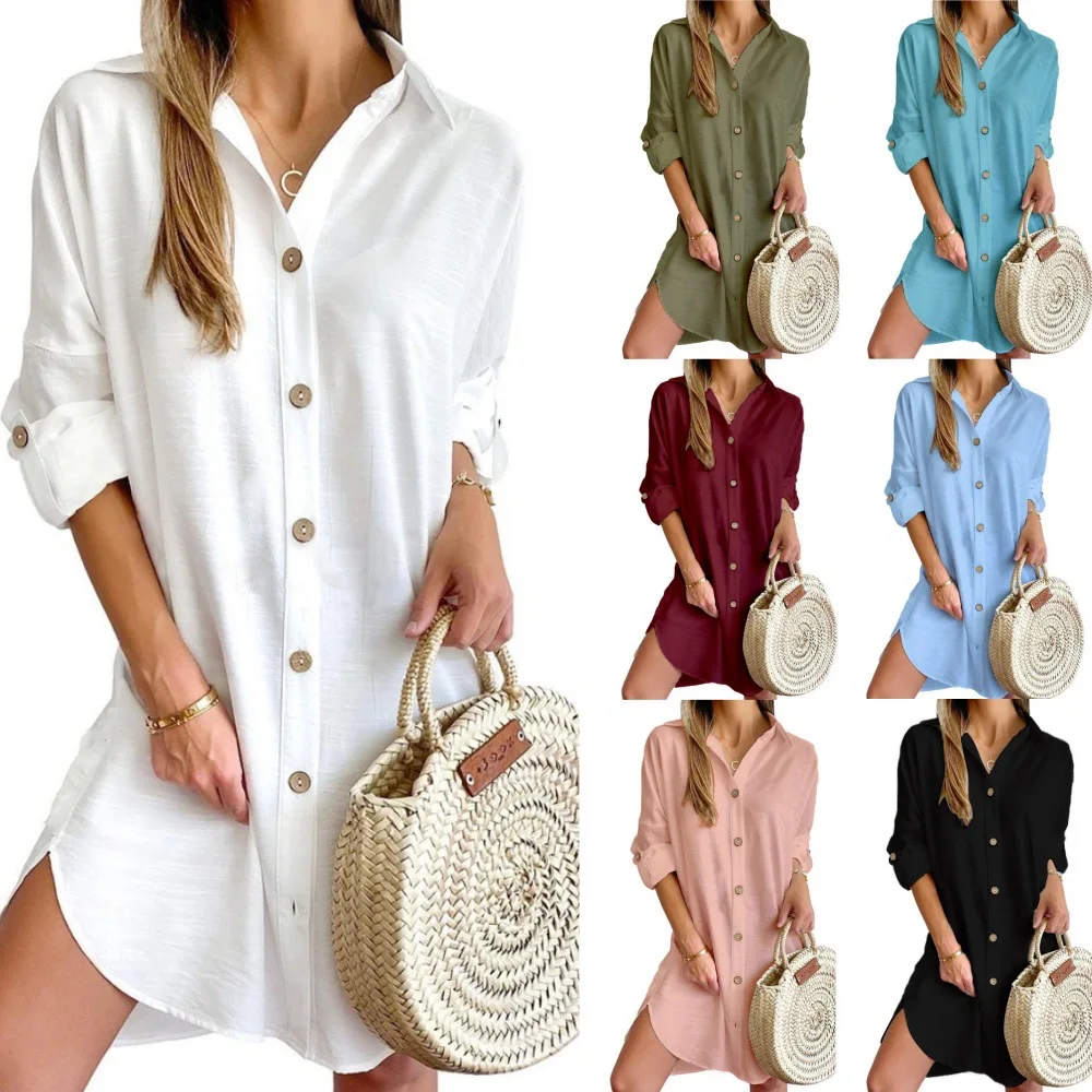 Women Long Sleeve Shirt Dress Button-down Dress Elegant Long Sleeve Shirt Dress with Turn-down Collar Irregular Hem for Spring