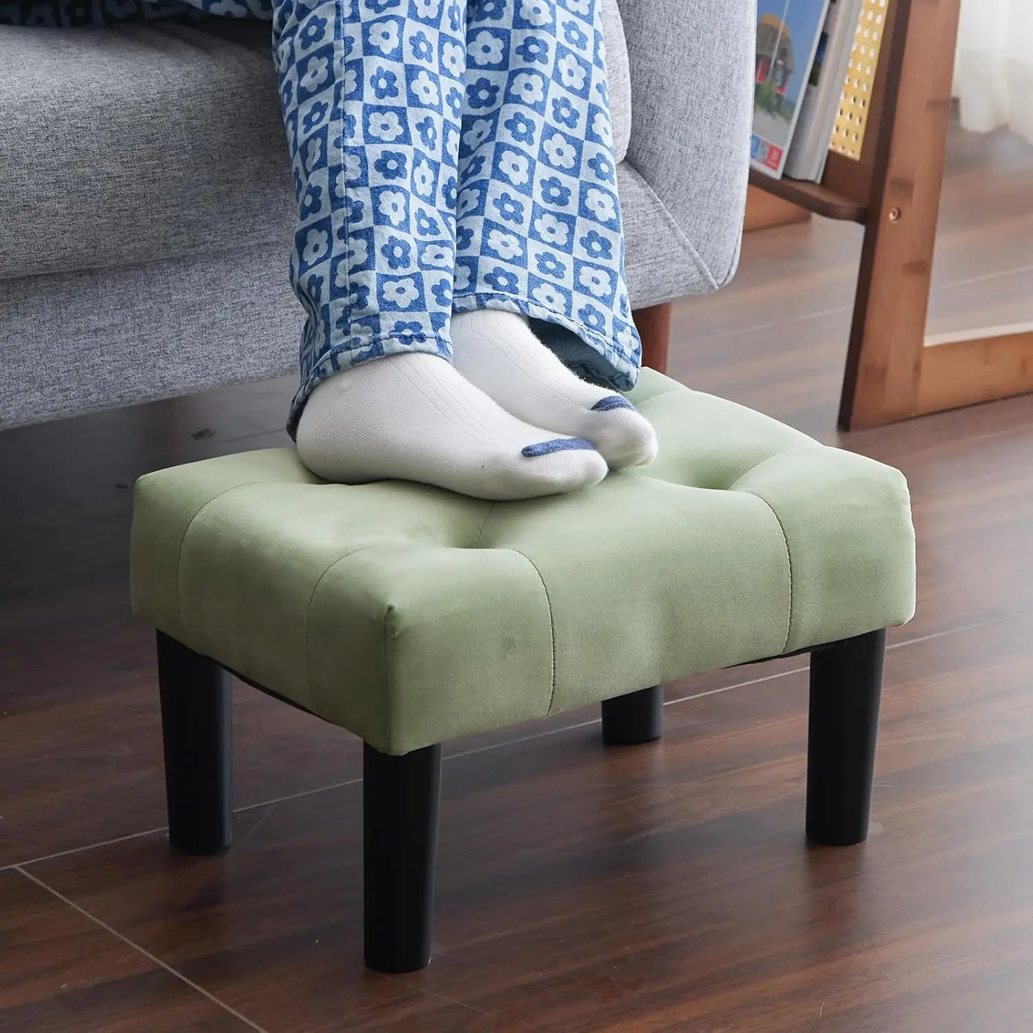 

Ottoman Foot Stool, Green Small Velvet Soft Ottoman With Wood Legs, Sofa Footrest Extra Seating For Living Room Entryway Office