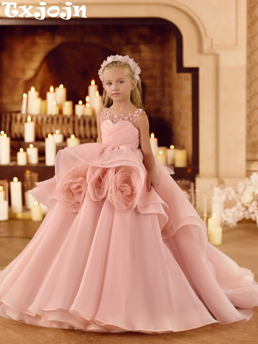 Pink Rufffled 3D Floral Girls Dresses Pageant Formal Gown Delicate Beaded Floor-length Kids Princess Gown Piano Performance Wear
