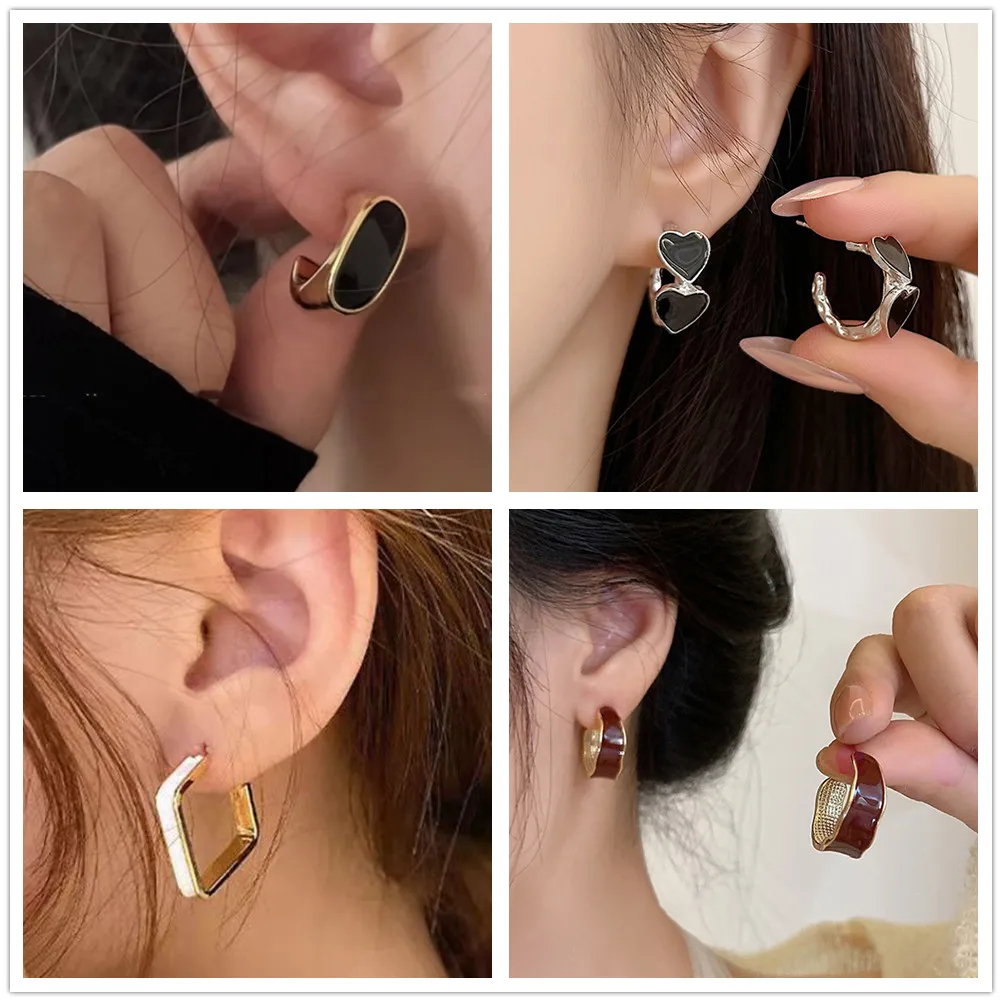Personality Fashion C-Shape Drop Earrings for Women Punk Enamel Oil Square Print Floral Heart Earrings Geometry Golden Jewelry