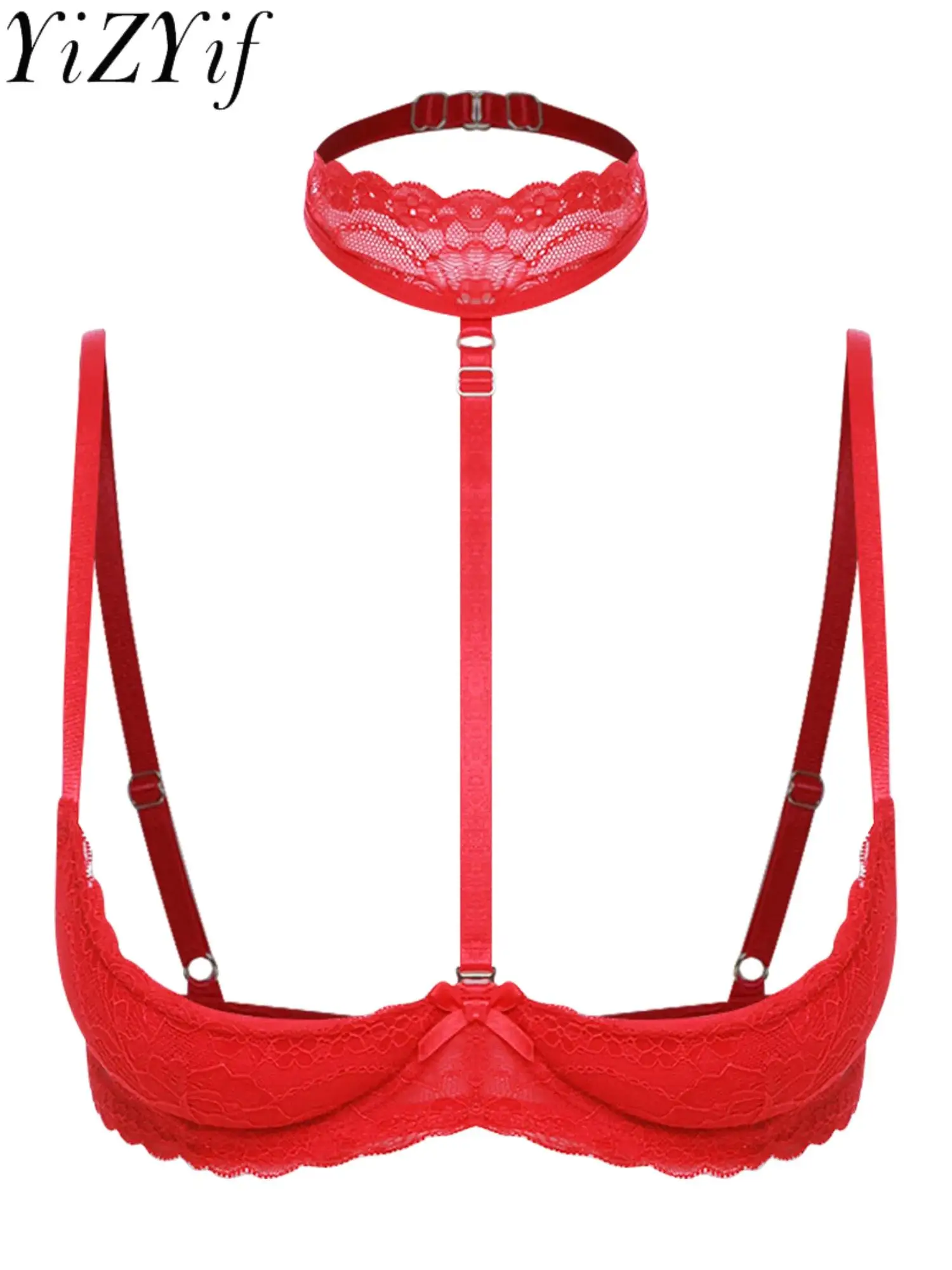 

Women Sexy Low Cut Underwear Unlined Bra Underwired Lace Sexy Halter Brassier Top Soft Chest Pads Balconette Bra with Choker Bra