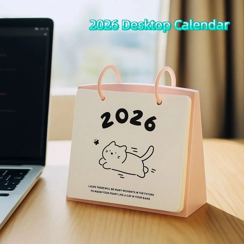 Plastic 2026 Desktop Calendar Cartoon Cat Pattern Standing Flip Calendar Portable Stable Base Daily Planner School