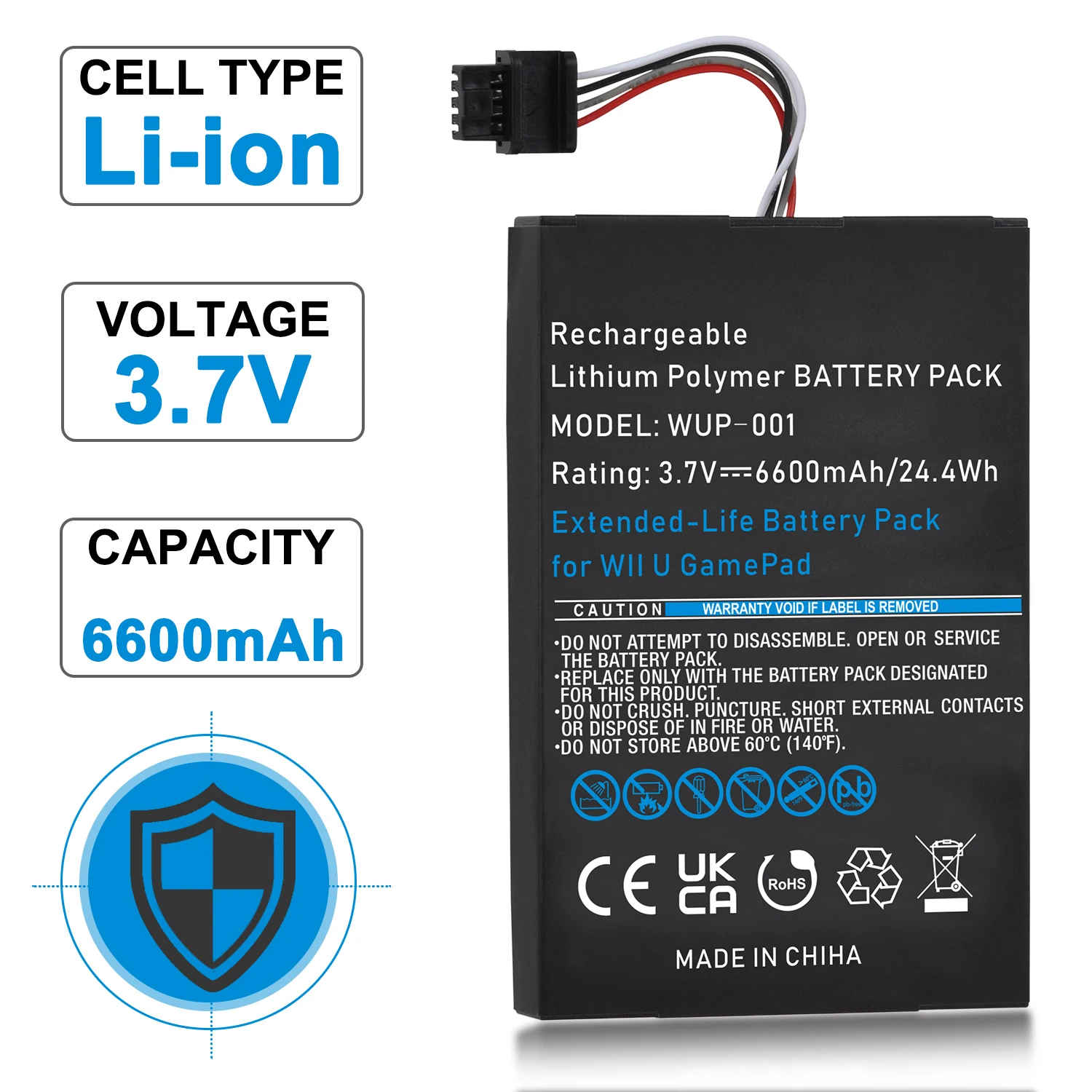 6600mAh High Capacity Battery for Nintendo Wii U Gamepad Rechargeable Long Lasting Battery, Fix Dead Power Issue