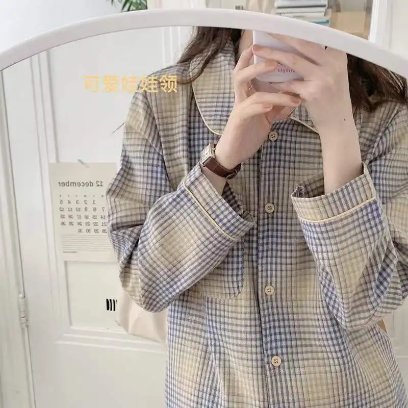 Plaid Sleepwear Women Pajama Sets Korean Piiama Pocket Night Wears Autumn Pants Sets 2 Pieces Button Long Sleeve Home Suit New