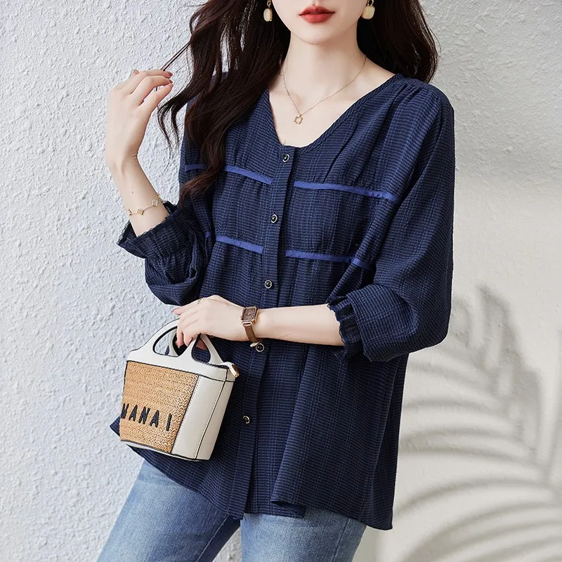 Women Long Sleeve Casual Shirt New Arrival 2024 Spring Korean Style V-neck Solid Color Loose Ladies Elegant Tops Shirts B3247