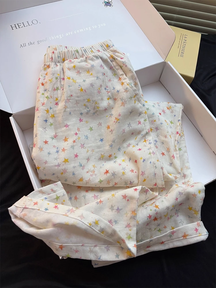 

Large Size 300 Pounds Star Print Brushed Sleepwear Wide Leg Pants Sweet Casual Home Leisure Women's Pants